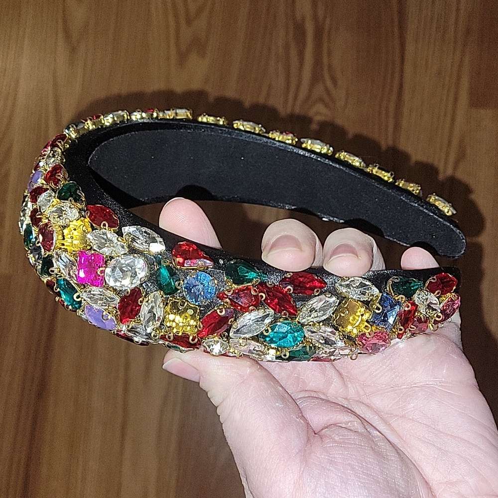 Embellished Black Headband with Multicolor Gems